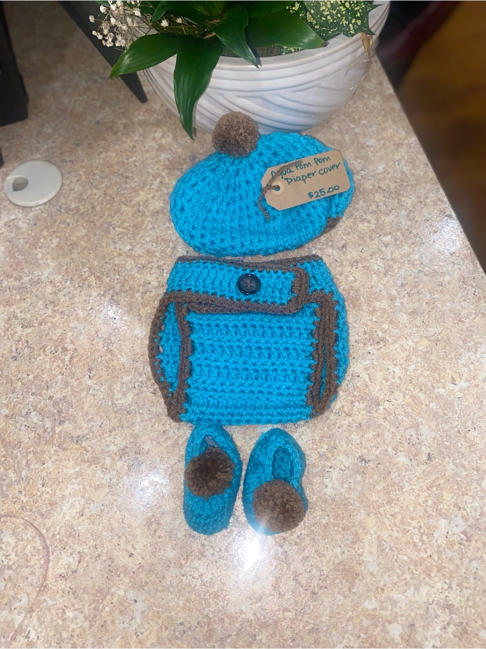 Handmade Crochet Beanie, Diaper Cover & Booties Set - Brown and Bright Turquoise - Picture 3 of 6